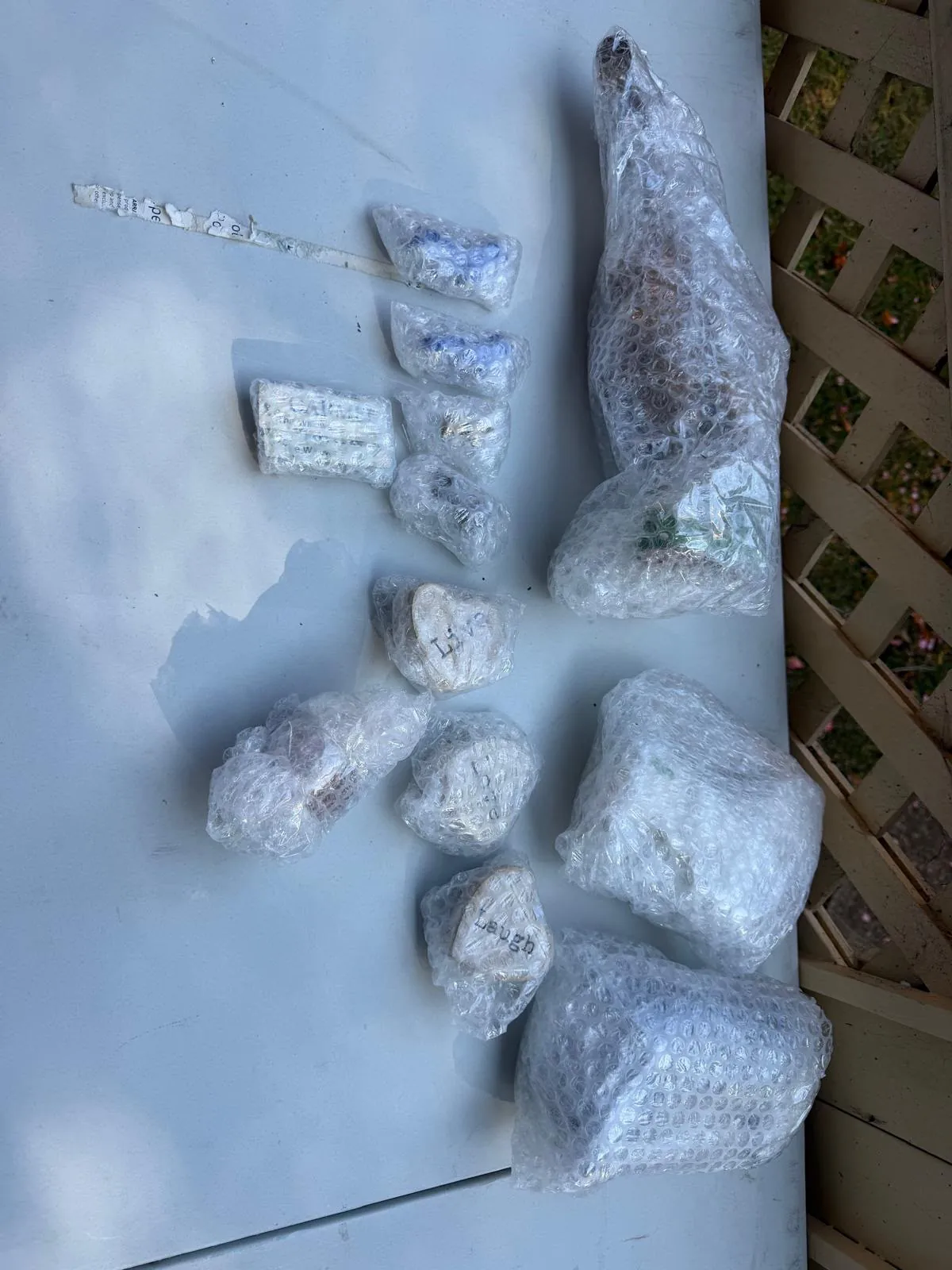 Grouped wrapped belongings set out for photographic documentation