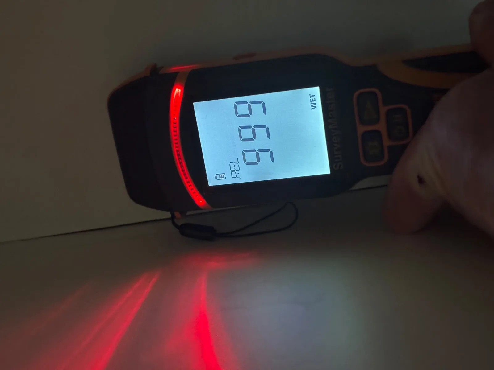 Instrument reading: Close-up of an electronic moisture meter.