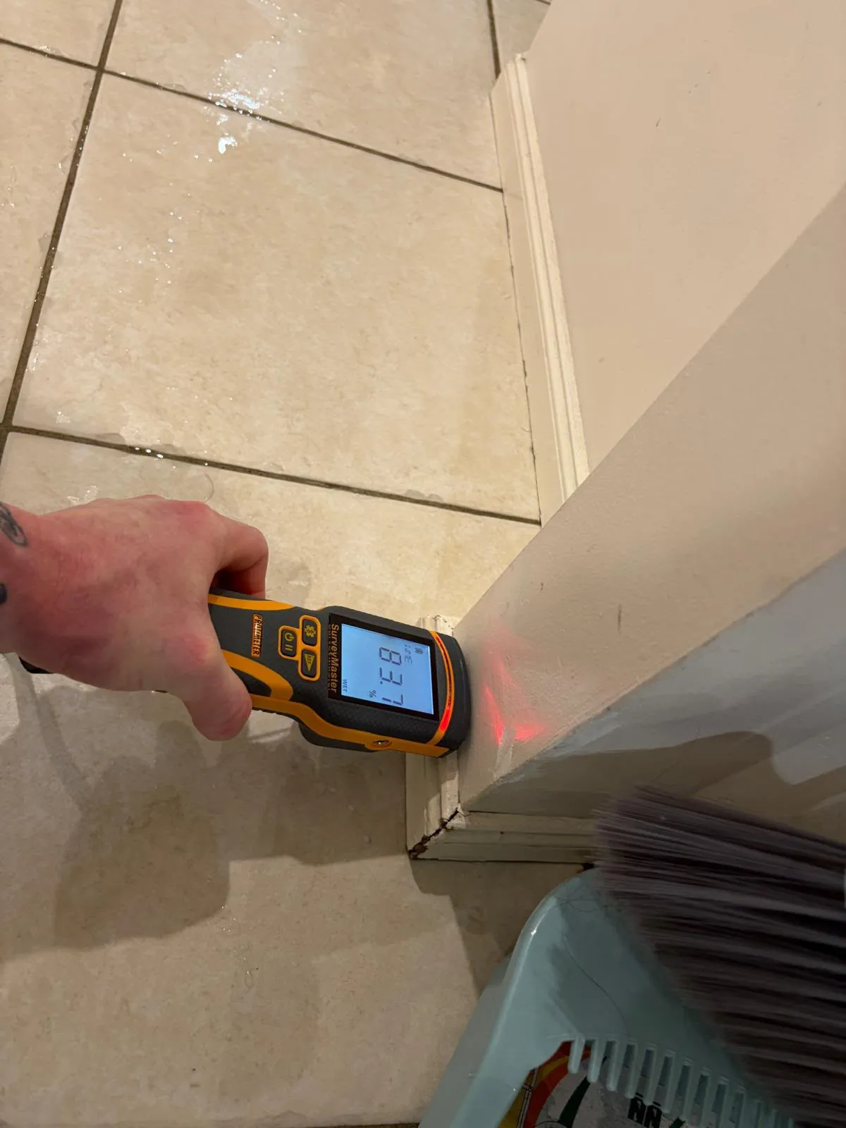 Skirting and tiles: Checking for moisture near adjoining finishes.